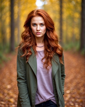 秋季树林轻熟风卷发美女写真图片